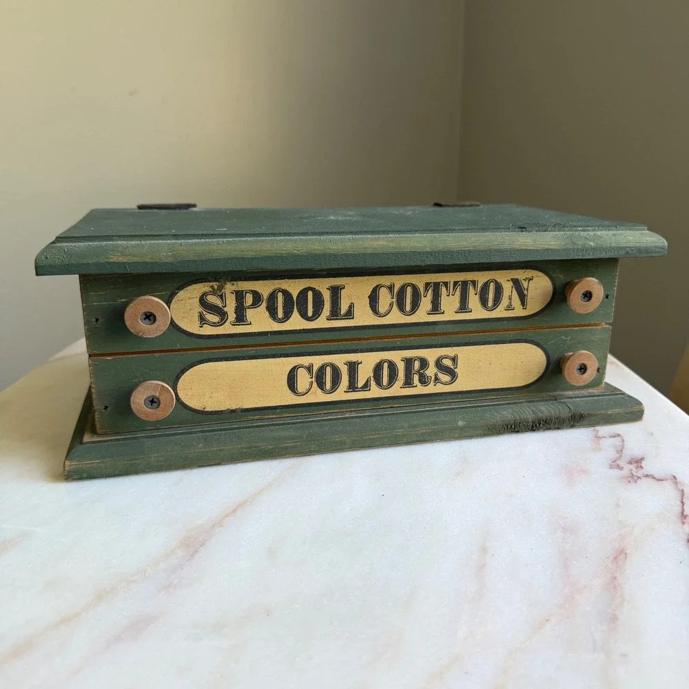 Wooden Spool Cotton Colors Sewing Box Rustic Green Storage Chest 13.5in
